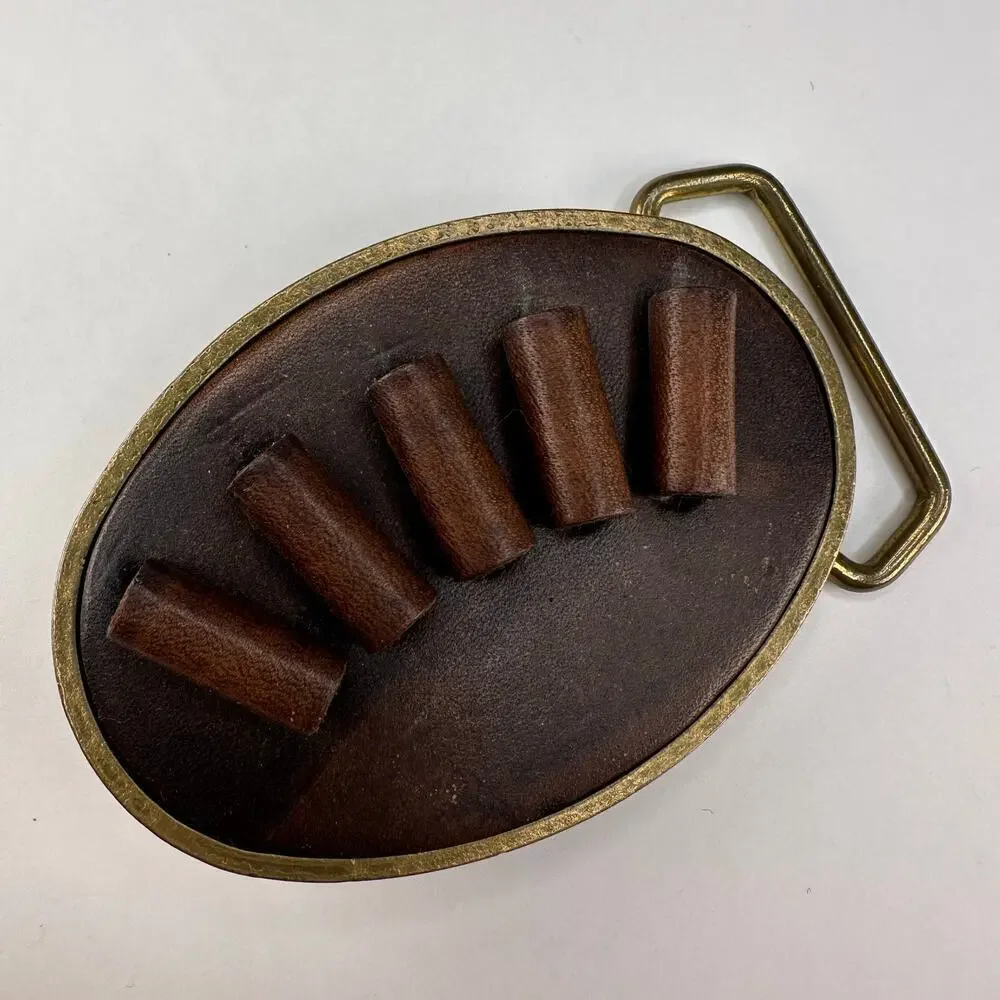Vintage 1970’s BTS Leather and Brass .22 Caliber Cartridge Slide Belt Buckle